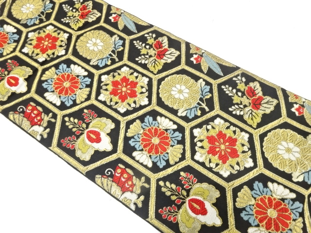 JAPANESE KIMONO / ANTIQUE FUKURO OBI / SILK / WOVEN KIKU & PAULOWNIA